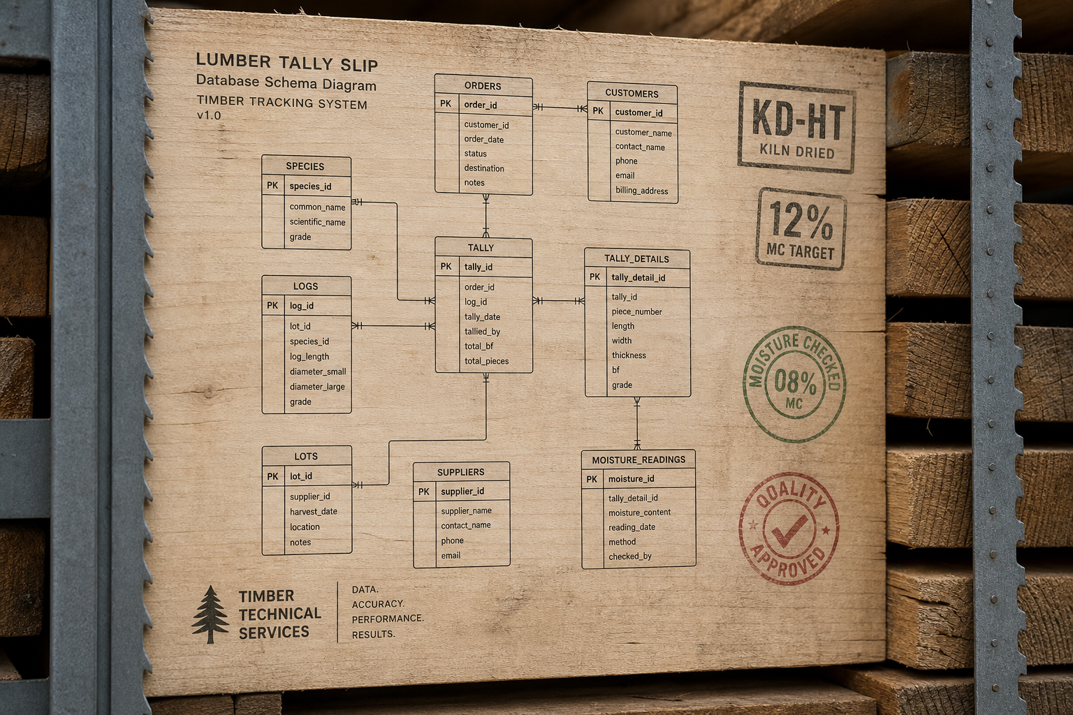 Database schema on timber tally slip
